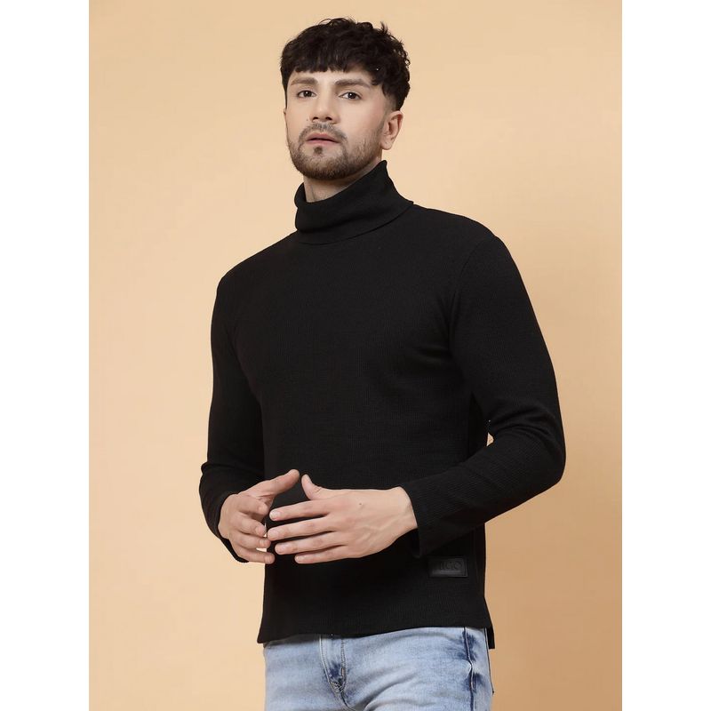 RIGO Men Black Knitted Turtle Neck Textured Full Sleeves T-Shirt (M)