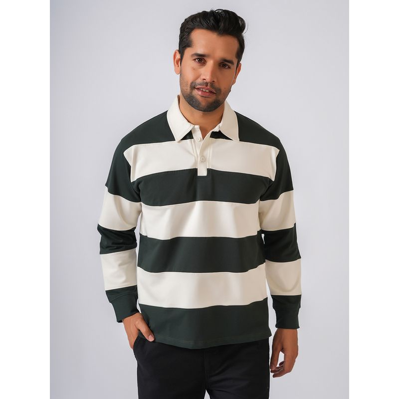 Perch Men Green Cotton Collar Neck Striped Full Sleeves Polo T-Shirt (2XL)
