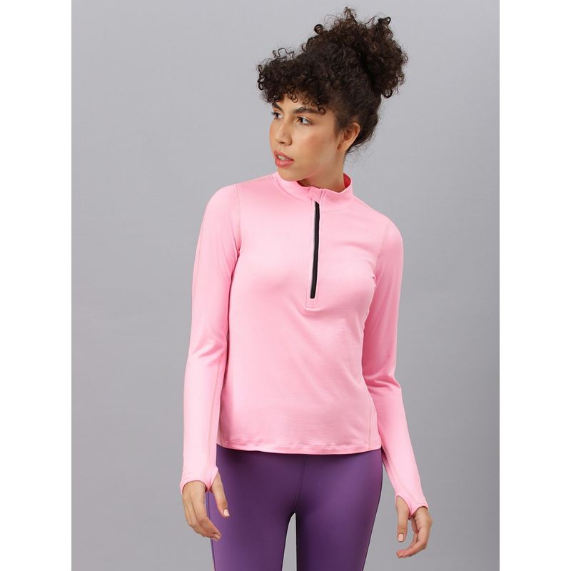 Fitkin Women Neon Pink Zipper High Neck T-Shirt (S)