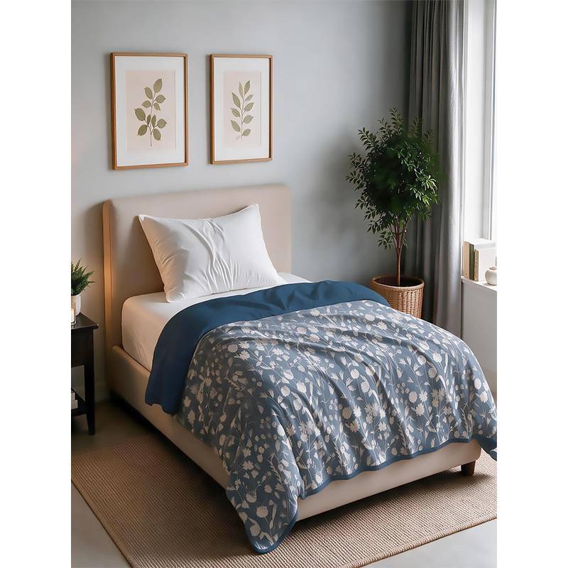 Linen Home Cotton Reversible Dohar Single Blossomy Blue and Orion Blue (Single)