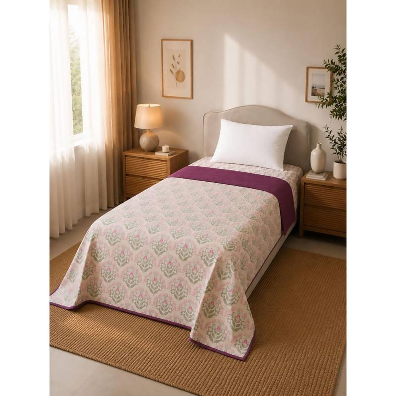 Linen Home Cotton Reversible Dohar Single Sequence Pink and Damson Berry (Single)