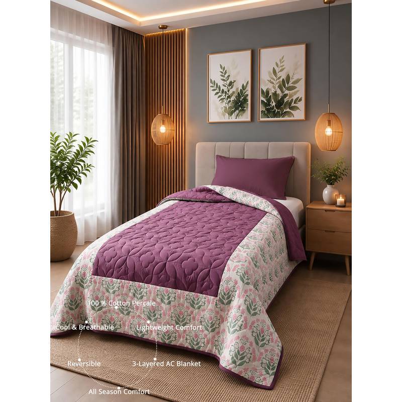 Linen Home Cotton Reversible Ac Blanket Single Sequence Pink and Damson Berry (Single)