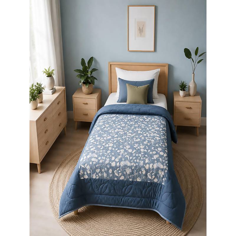 Linen Home Cotton Reversible Ac Blanket Single Blossomy Blue and Orion Blue (Single)