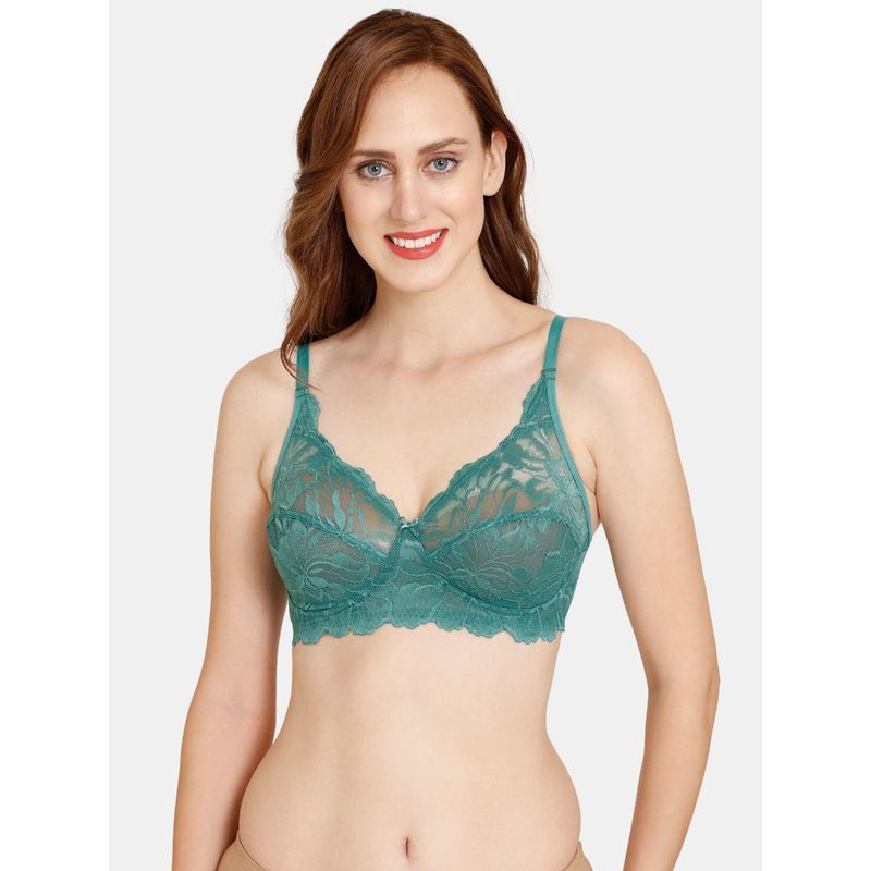 Zivame Rosaline Everyday Double Layered Non Wired 3-4th Coverage Lace Bra - Bottle Green (32B)