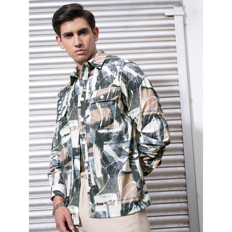 LOCOMOTIVE Men Olive Abstract Casual Shirt (S)