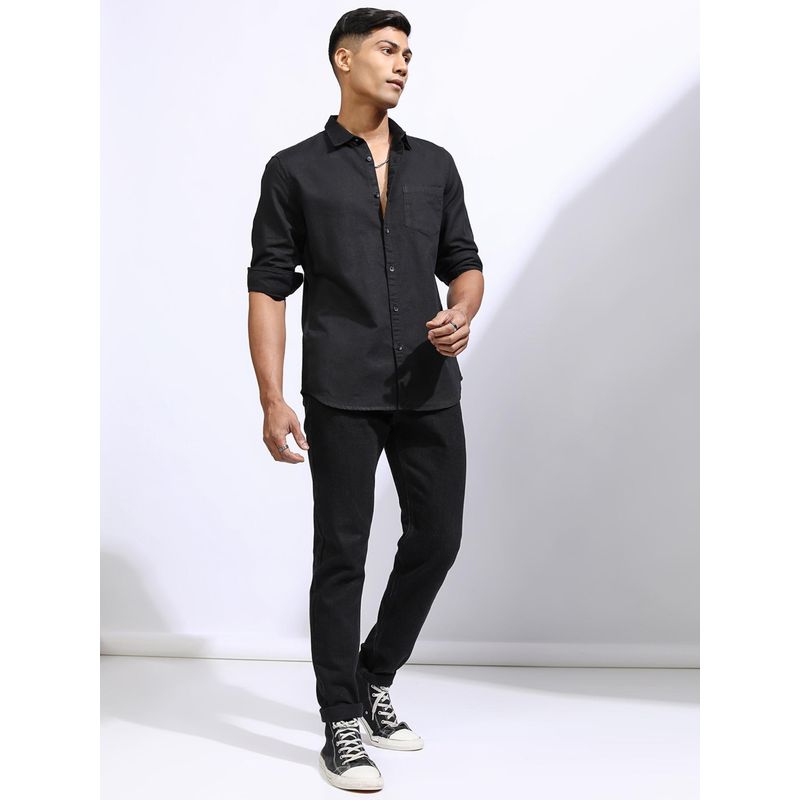 LOCOMOTIVE Men Black Solid/Plain Casual Shirt (L)