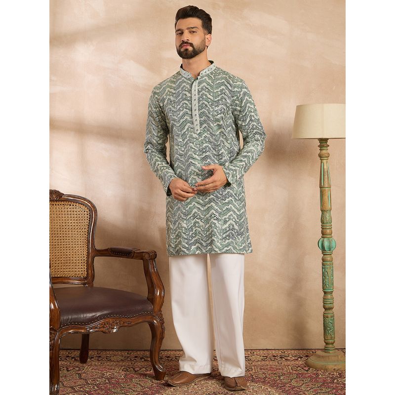 ETHNIC BAY Men Silk Blend Green Button Fly Embroidered Kurta (M)