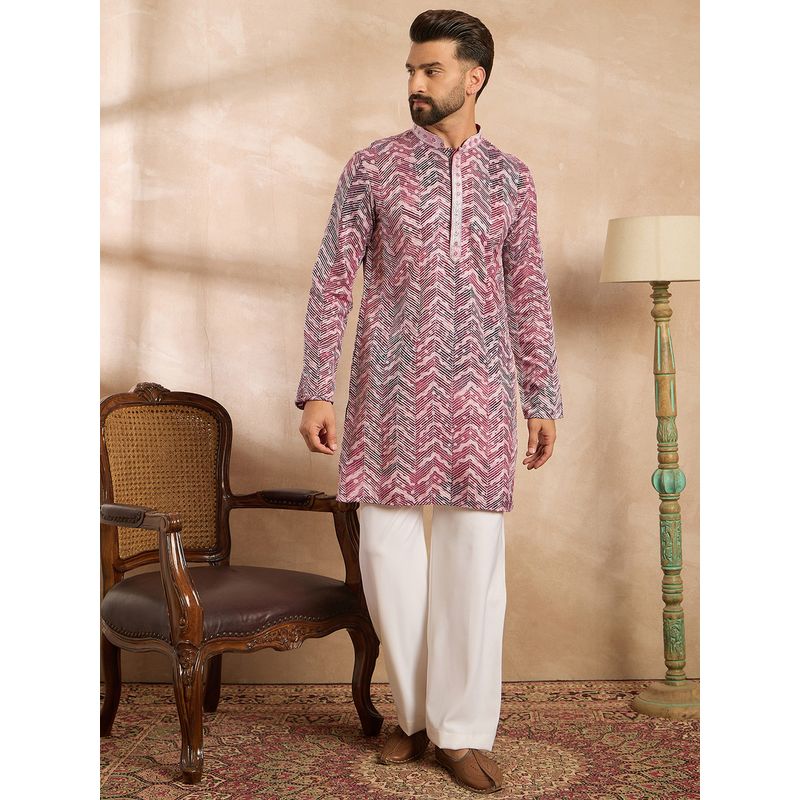 ETHNIC BAY Men Silk Blend Pink Embroidered Kurta (M)