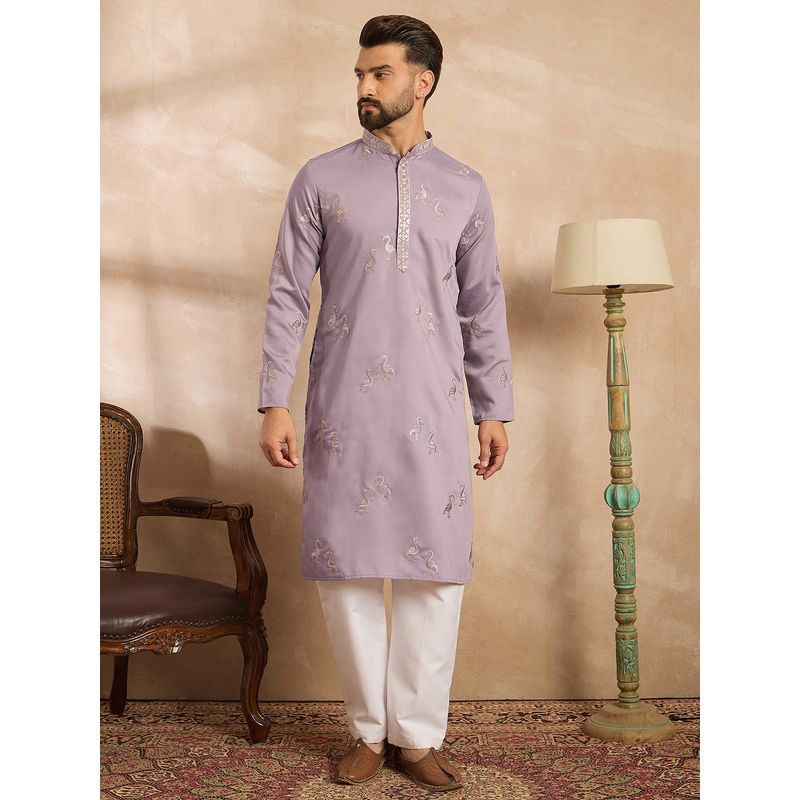 ETHNIC BAY Men Silk Blend Lavender Embroidered Kurta (S)