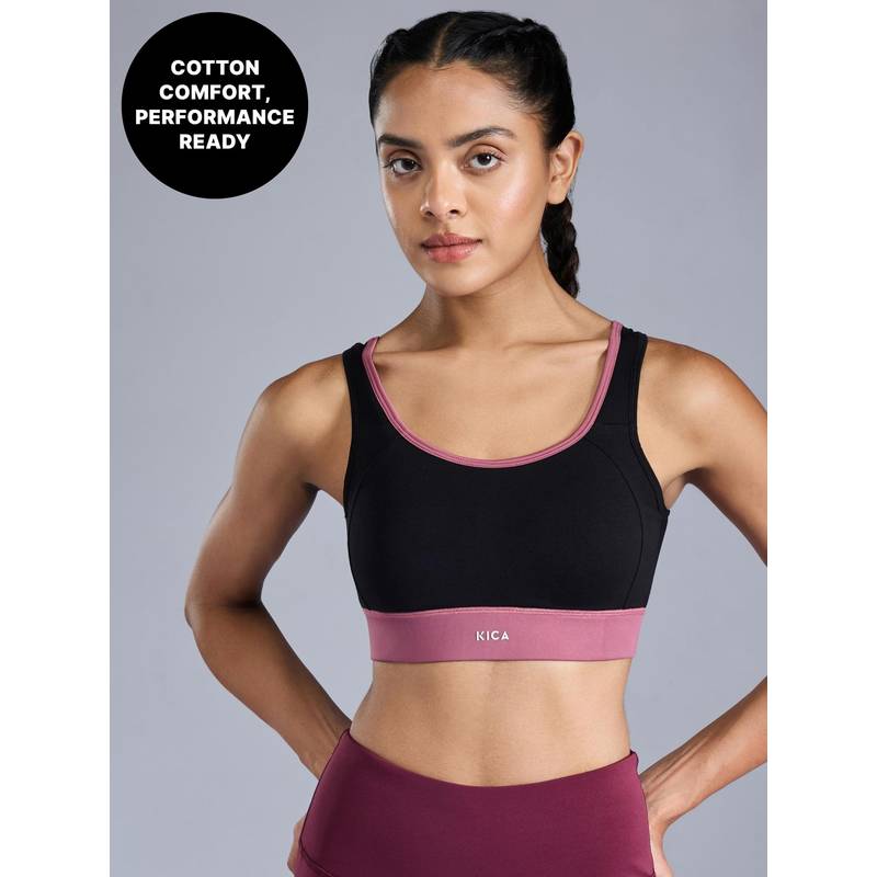 Cotton Mid-Impact Sports Bra with Back Opening,Secure Fit & Chafe-Free Comfort KIC100 Black (XS)