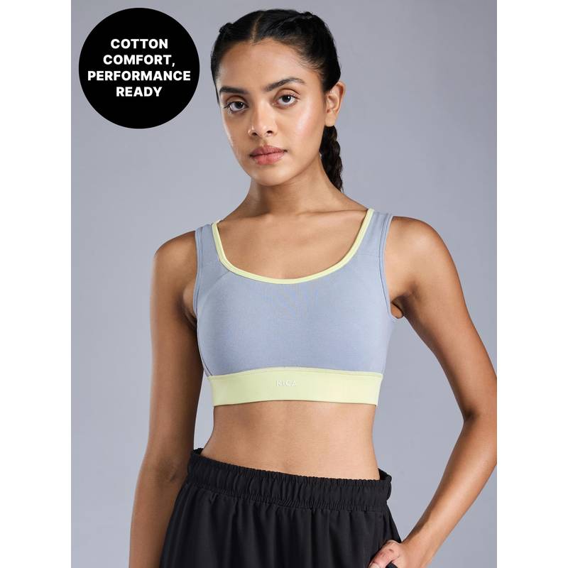 Kica Cotton Mid-Impact Sports Bra with Back Opening,Secure Fit & Chafe-Free Comfort KIC100 Blue (XS)