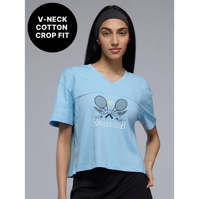 Kica 100% Cotton V-Neck Oversized Cropped Graphic Tee for Pickleball & Everyday KIC036 Blue (XS)