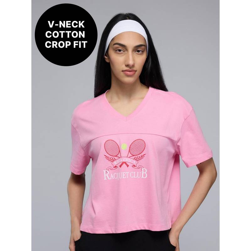 Kica 100% Cotton V-Neck Oversized Cropped Graphic Tee for Pickleball & Everyday KIC036 Pink (XS)