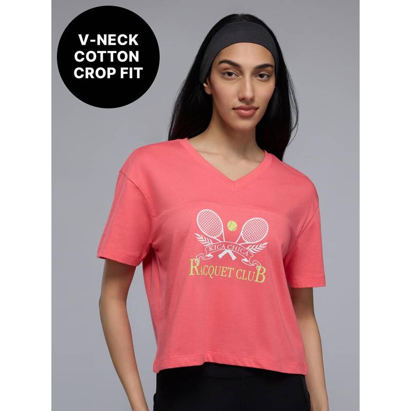 Kica 100% Cotton V-Neck Oversized Cropped Graphic Tee for Pickleball & Everyday KIC036 Red (XS)