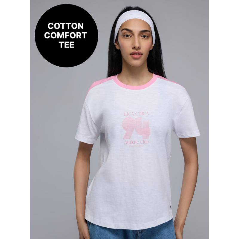 Kica 100%Cotton Colorblock Graphic T-Shirt with Curved Hem For Workout to Weekend KIC035 White (XS)