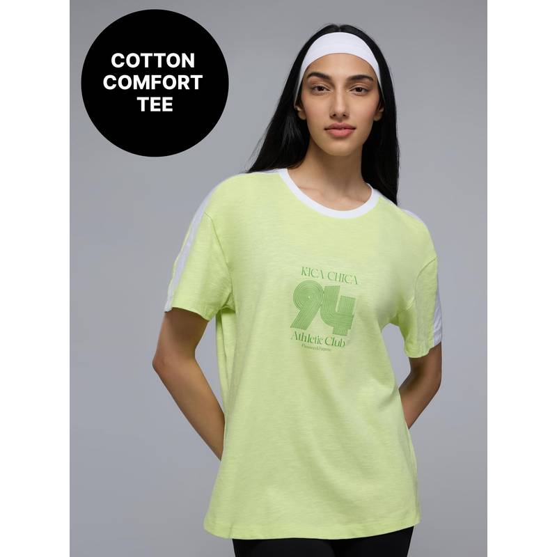 Kica 100% Cotton Colorblock Graphic T-Shirt with Curved Hem For Workout to Weekend KIC035 Neon (XS)