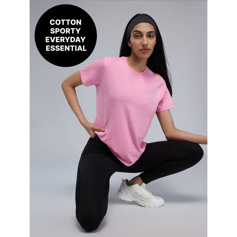 100% Cotton Textured T-Shirt with Sporty Contrast Stitching for Workout to Weekend KIC040 Pink (XS)