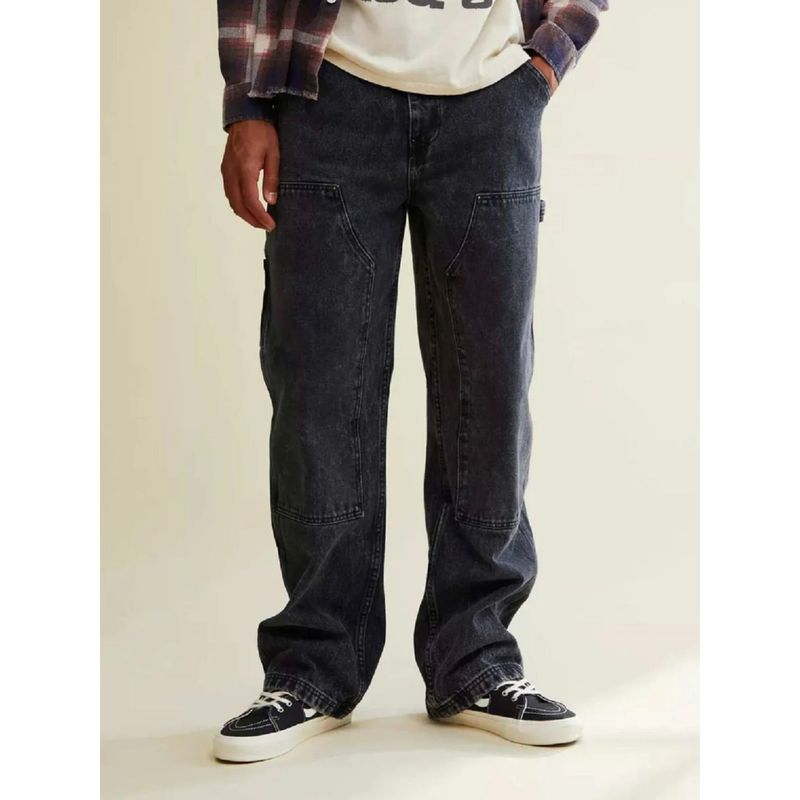 Off Duty India Granite Black Front Patch Mens Straight Fit Cargo Jeans - Black (38)