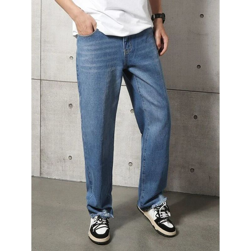 Off Duty India Blue Wash Distress Bottom Baggy Straight Fit Jeans - Blue (34)