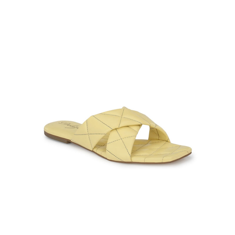 Delize Womens Yellow Solid Vegan Leather, Quilted Cross Strap Flat Sandals (UK 2)
