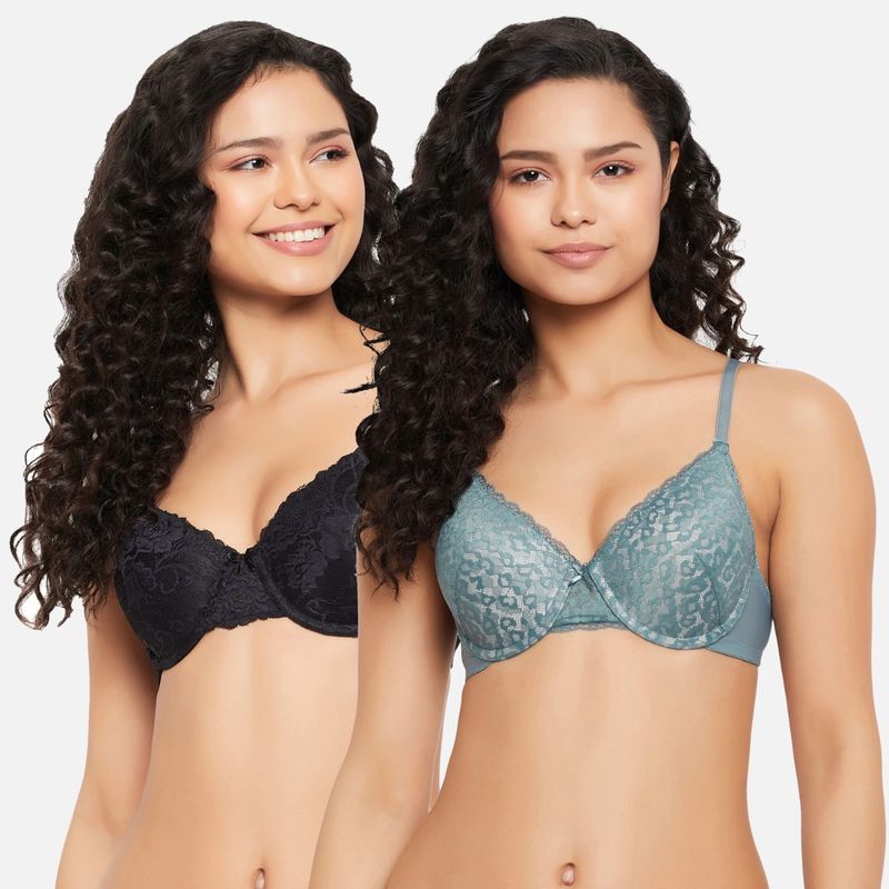 Clovia Lace Solid Padded Demi Cup Underwired Push-Up Bra - Multi Color (Pack of 2) (40B)