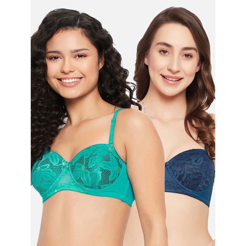 Clovia Lace Solid Padded Full Cup Underwired Balconette Bra - Multi Color (Pack of 2) (34C)