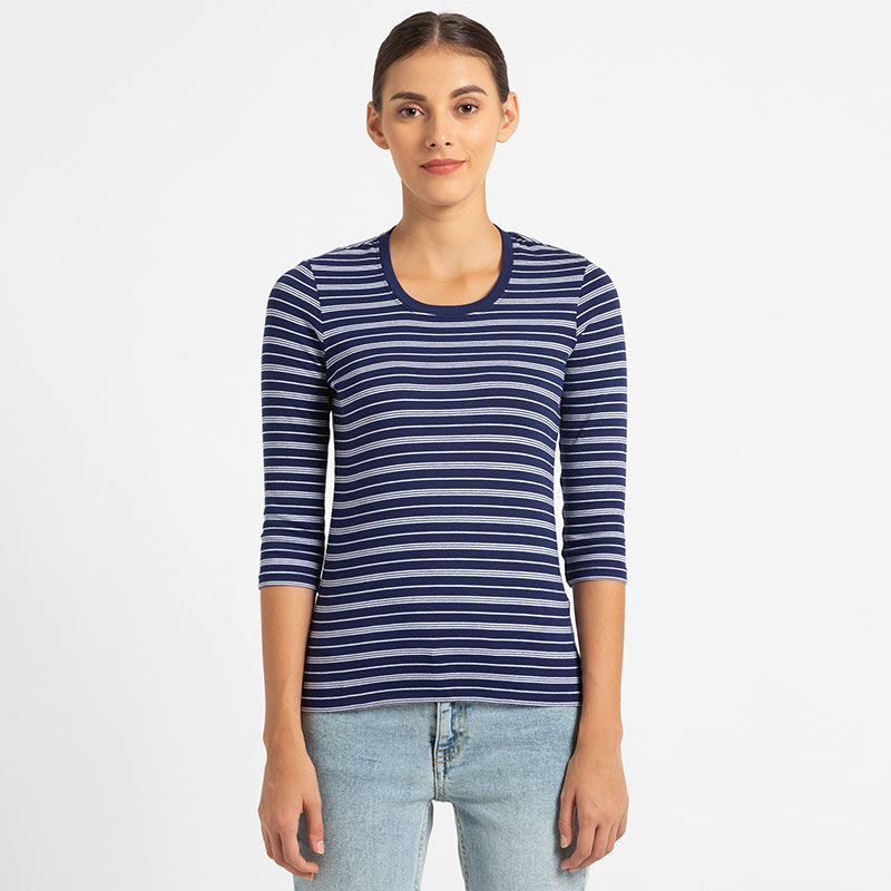Jockey Imperial Blue & White Yarn Dyed Stripe 3/4 Sleeve T-Shirt Style ...