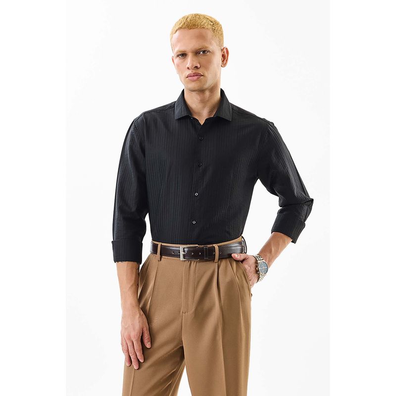 Snitch Men Black Lyocell Blend Textured Shirt (XL)