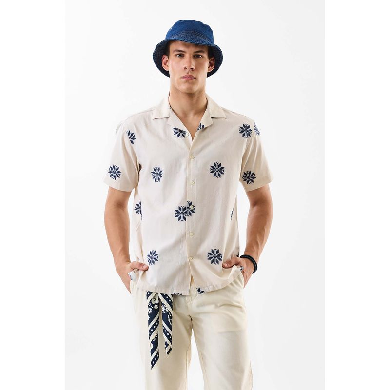 Snitch Men Beige Polyester Blend Embroidered Shirt (M)