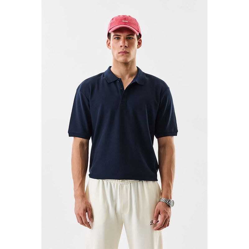 Snitch Men Navy Blue Cotton Solid Polo T-Shirt (L)