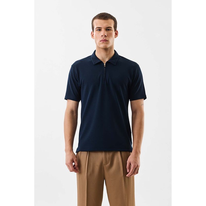 Snitch Men Navy Blue Polyester Solid Polo T-Shirt (L)