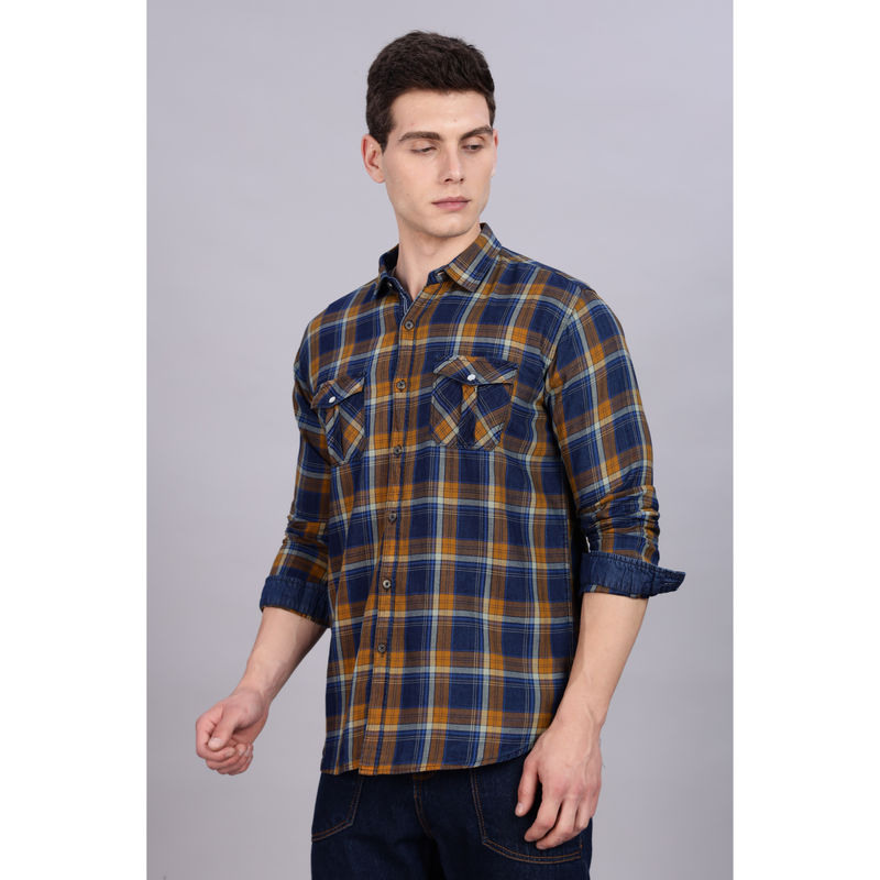 KUONS AVENUE Mens Mustard Cotton Flannel Double Pocket Checks Shirt (2XL)