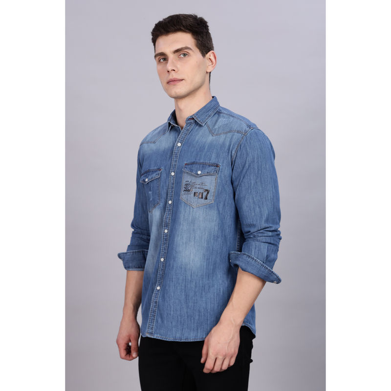 KUONS AVENUE Mens Light Blue Denim Double Pocket Snap Button Shirt (M)