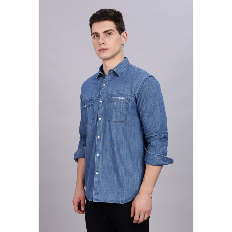 KUONS AVENUE Mens Blue Denim Double Pocket Cargo Casual Shirt (M)