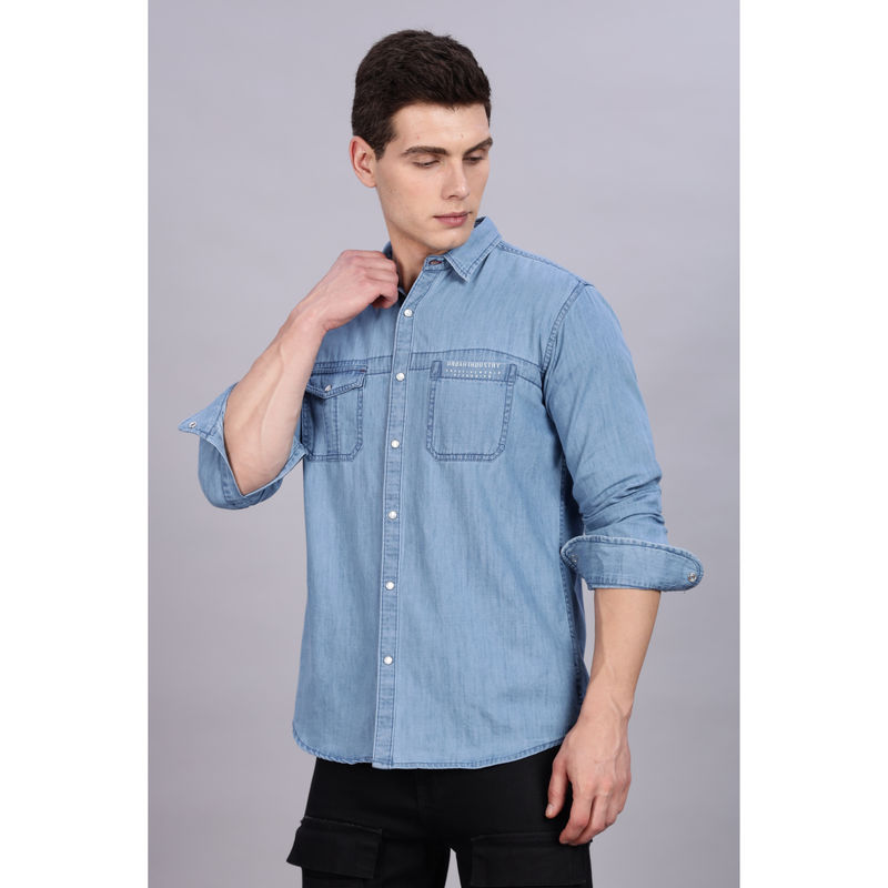KUONS AVENUE Mens Light Blue Denim Double Pocket Cargo Casual Shirt (M)