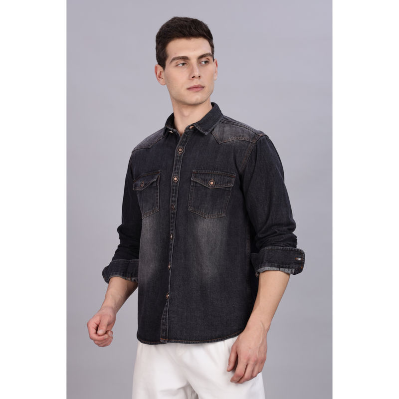 KUONS AVENUE Mens Black Denim Casual Double Pocket Shirt (2XL)