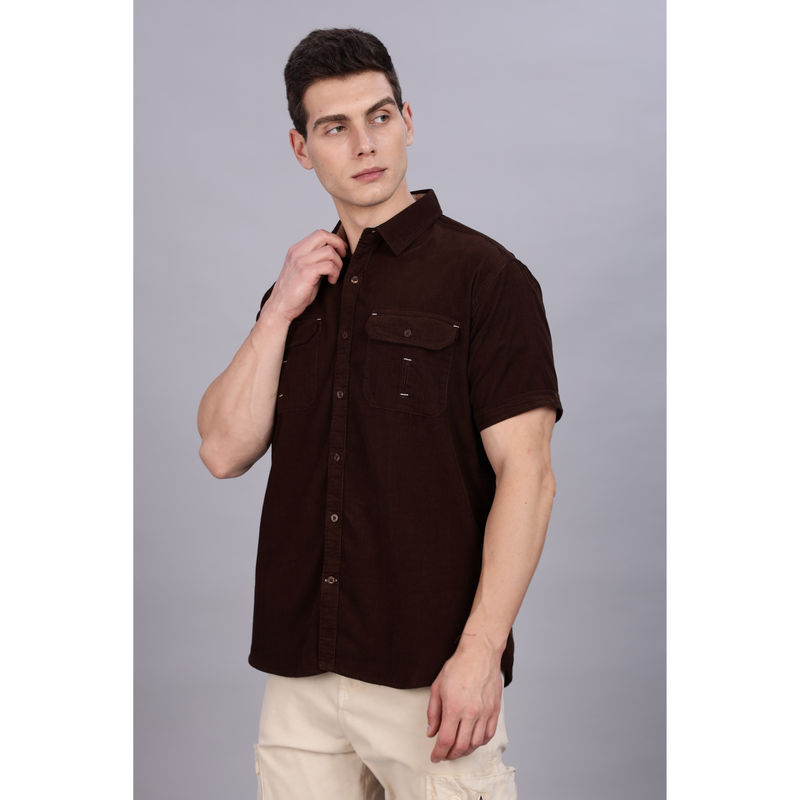 KUONS AVENUE Mens Brown Corduroy Double Pocket Casual Shirt (M)