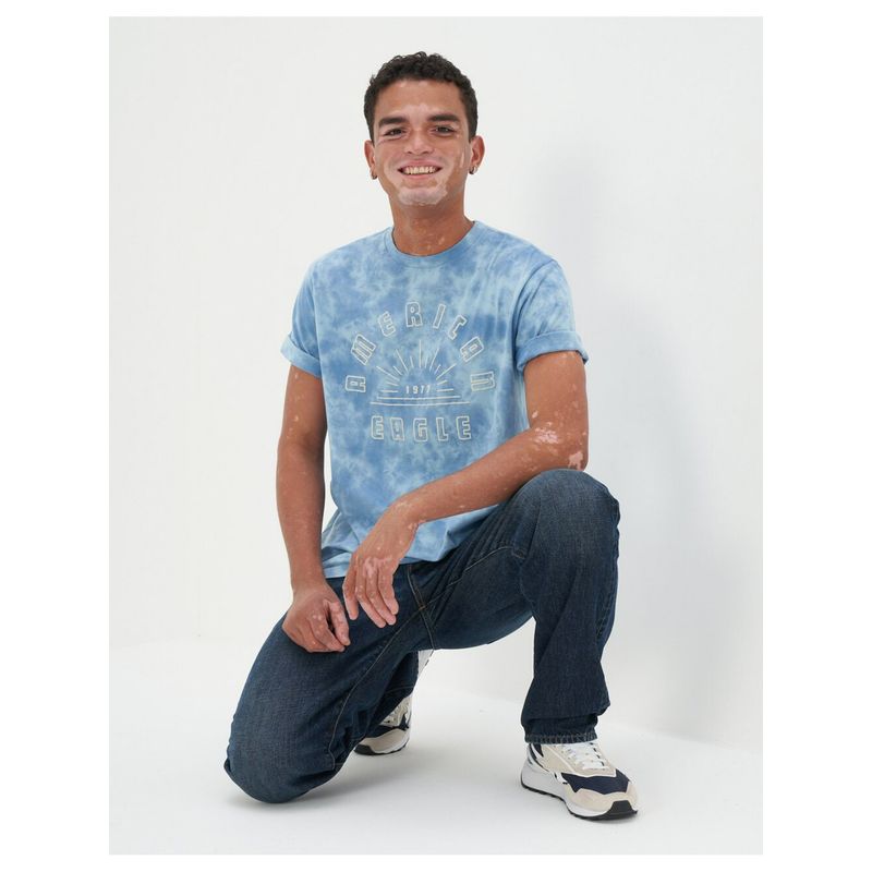 American Eagle Men Blue Super Soft Tie-Dye Logo Graphic T-Shirt (2XL)