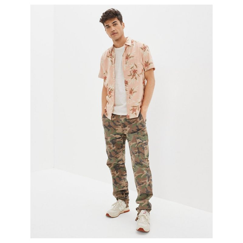 American Eagle Men Pink Tropical Button-Up Resort Shirt (XL)