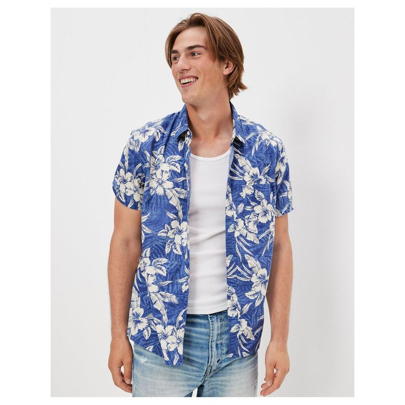 American Eagle Men Blue Tropical Button-Up Resort Shirt (S)