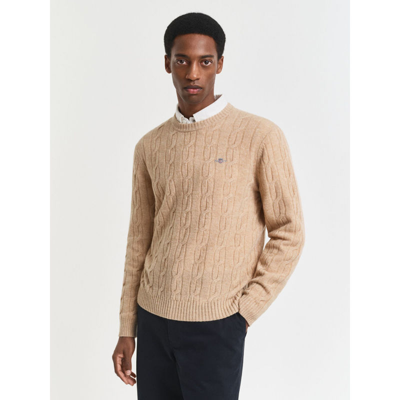 GANT Mens Khaki Crew Neck Regular Fit Pullover Sweater (S)
