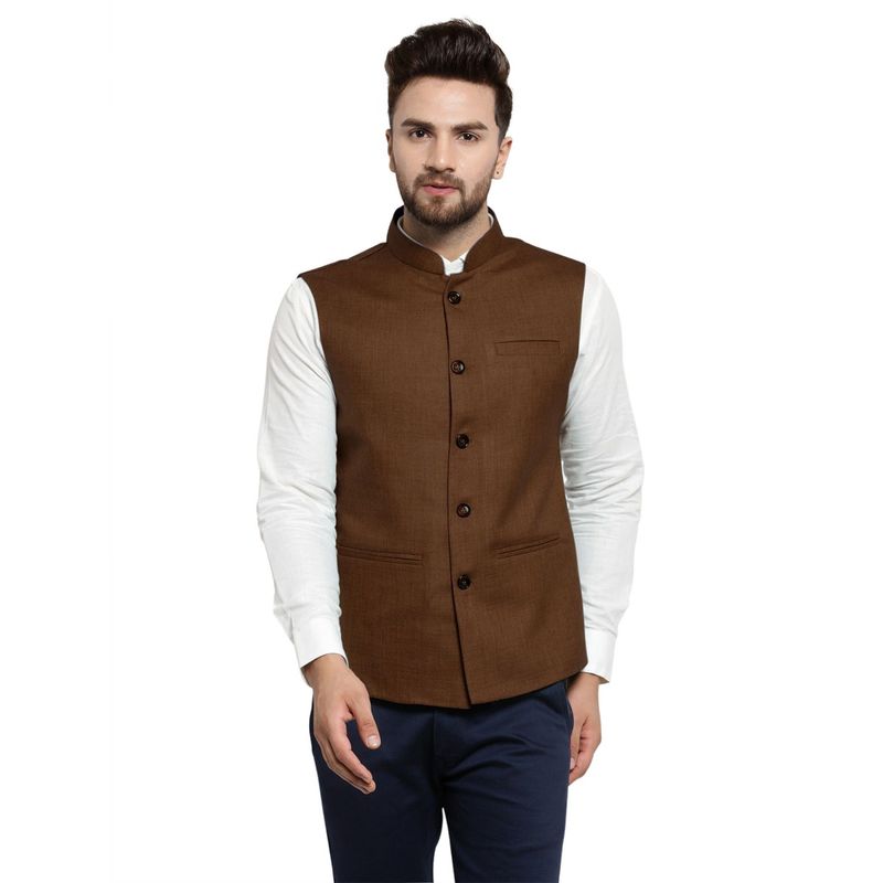 TREEMODA New Designer Men Caramel Brown Solid Nehru Jacket (S)