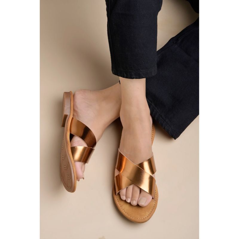 Shoetopia Embellished Cross Strap Copper Flats for Women (EURO 37)