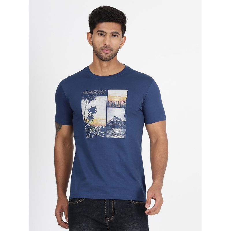 Greenfibre Men's Blue Cotton Blend Slim Fit Graphic Printed T-Shirt (38)