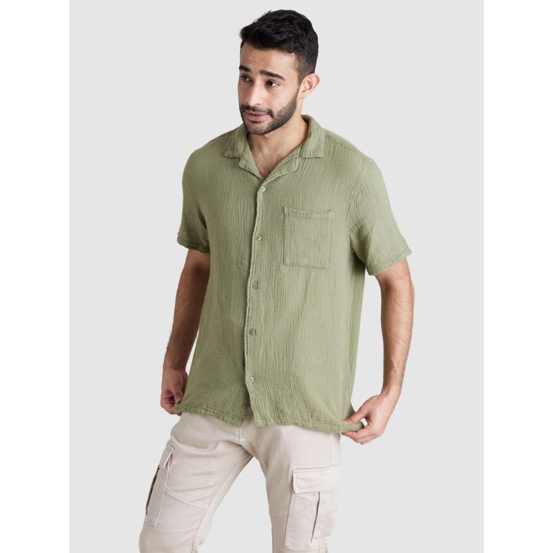 CELIO Men Solid Olive Short Sleeve Shirt (L)