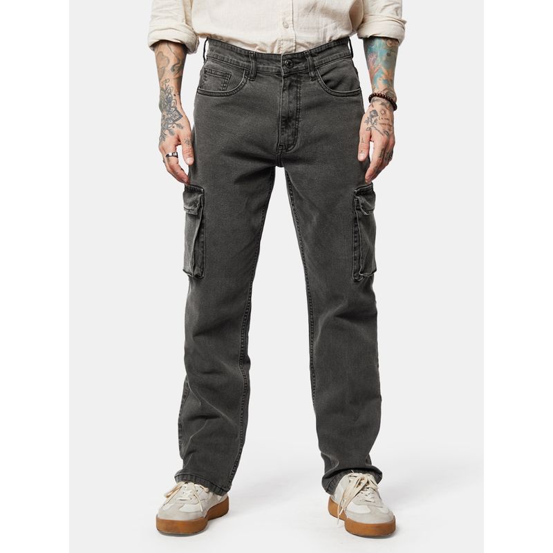The Souled Store Solids : Ash Grey Straight Fit Men Cargo Jeans (34)