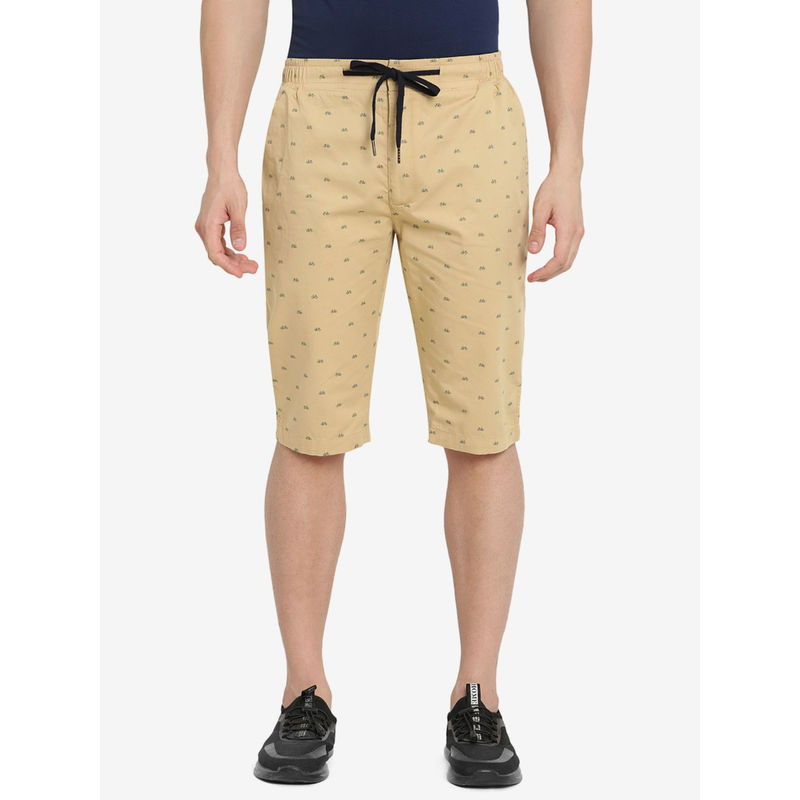 JadeBlue Men Printed Khaki Cotton Slim Fit Capri Shorts (42)