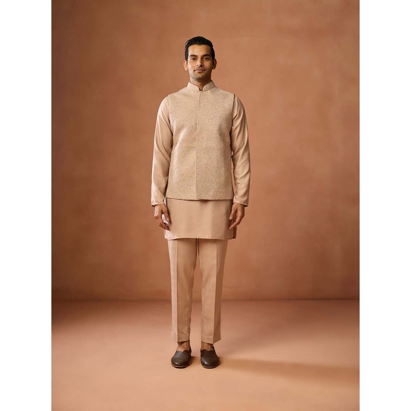 KISAH Men Beige Silk Blend Kurta & Embroidered Jacket With Subtle Sequins And Matching Trouser (42)