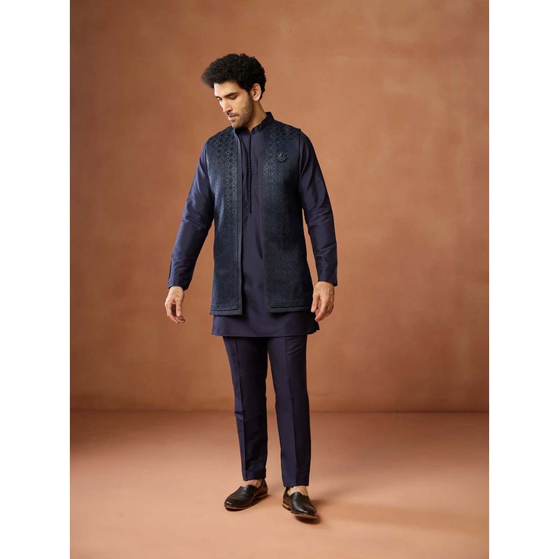KISAH Men Navy Blue Elegant Kurta & Long Nehru Jacket With Slim Fit Trouser (40)