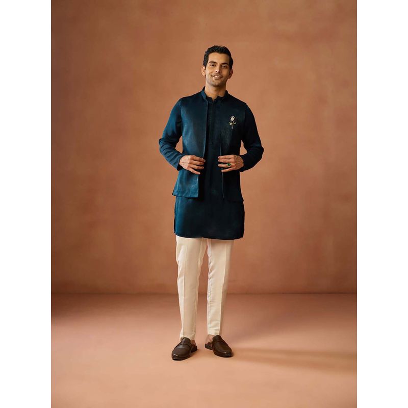 KISAH Men Teal Silk Blend Kurta Front Open Jacket With Embellished Brooch And Slim Fit Trouser (38)